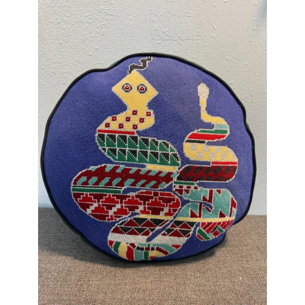 Vintage Needlepoint Throw Pillow Handmade Snake Graphic Multicolor Wool Round